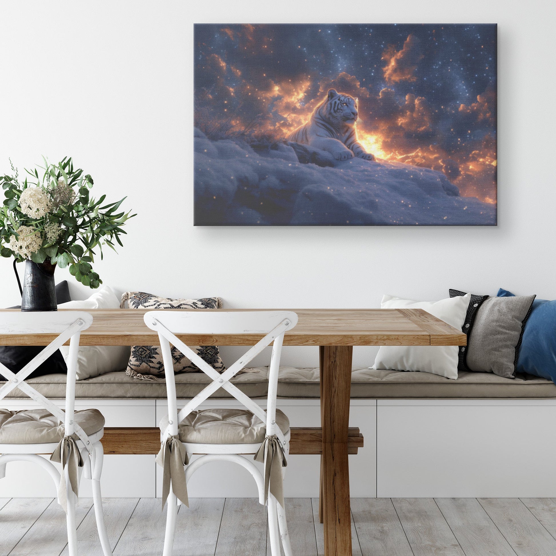 White Tiger Sitting Majestically on Snowy Cliff Under Twilight Sky with Stars and Glowing Light Canvas Wall Art Decor - Awakening Righteousness