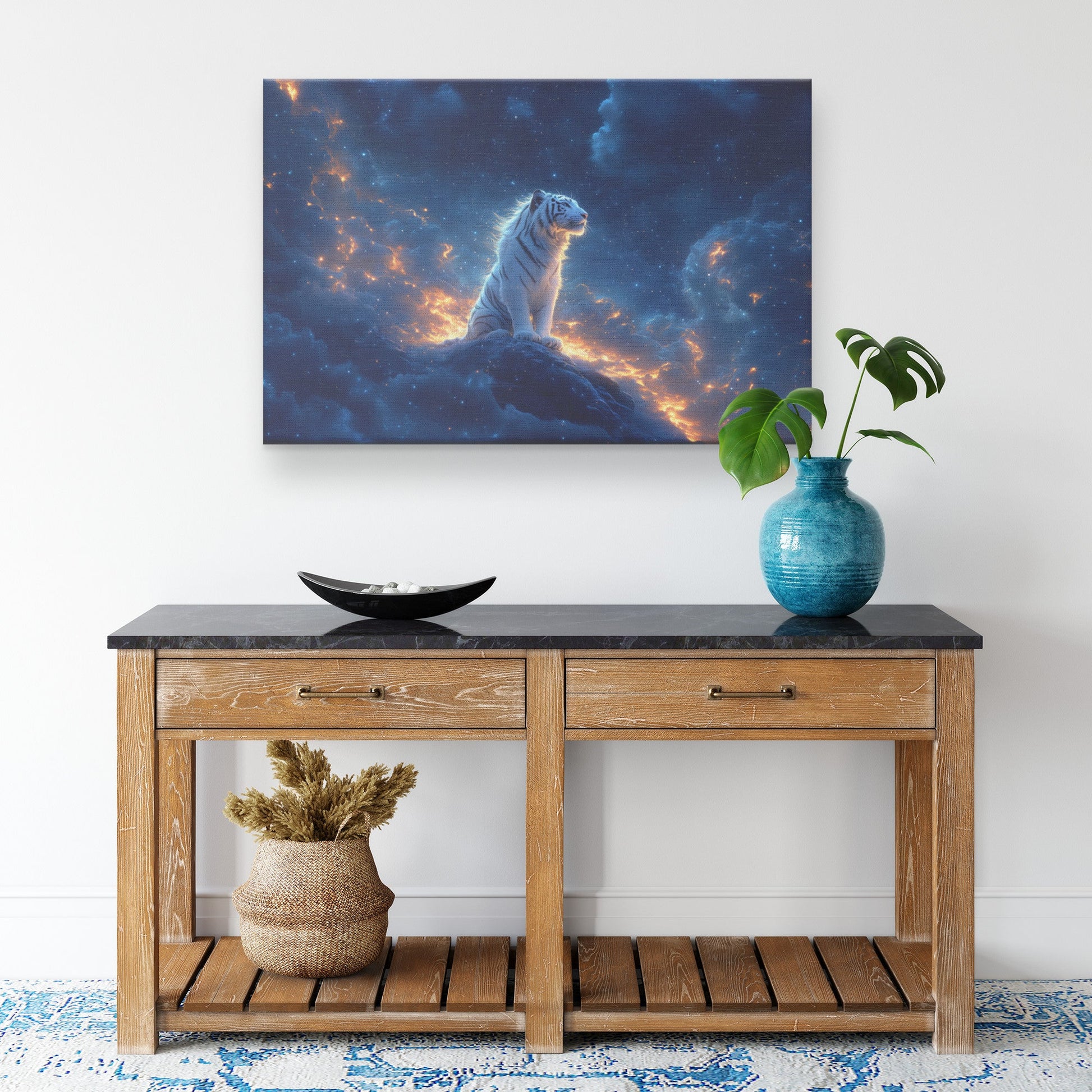 White Tiger Sitting Majestically on Snowy Cliff Under Twilight Sky with Stars and Glowing Light Canvas Wall Art Decor - Awakening Righteousness