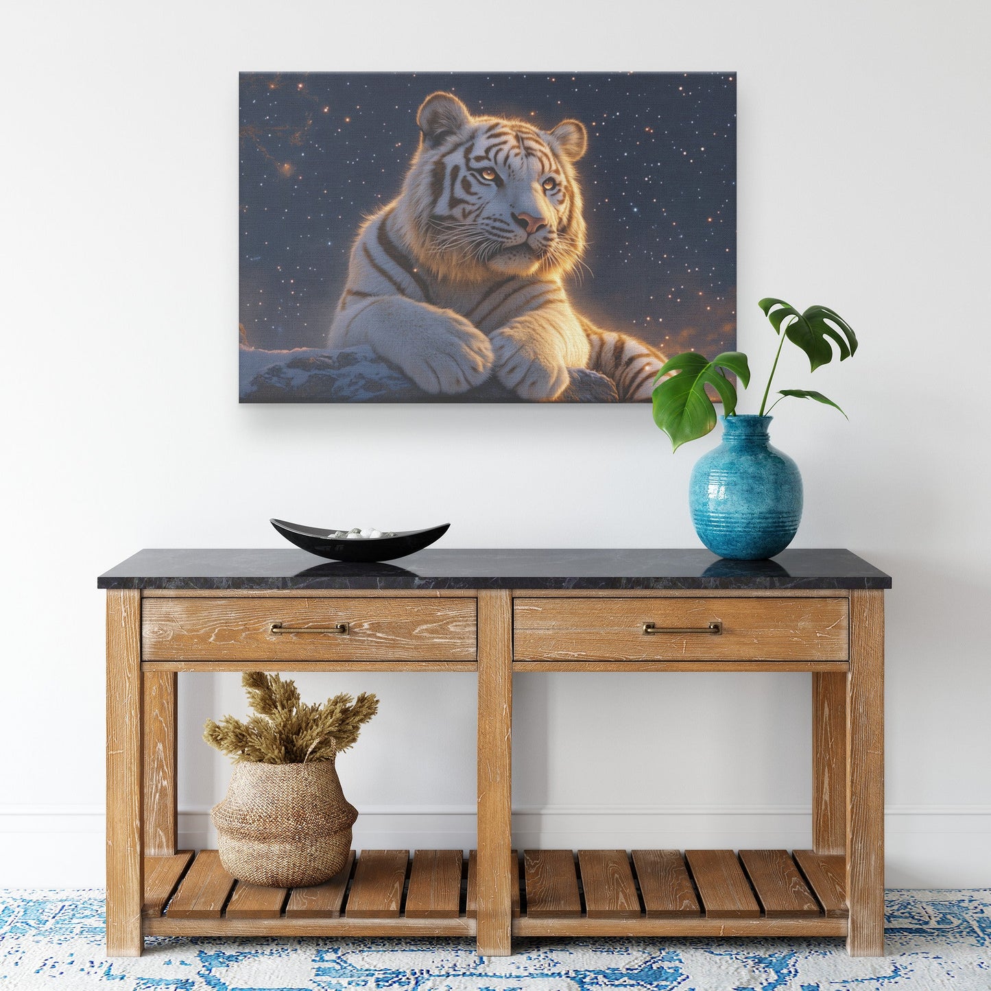 White Tiger Sitting Majestically on Snowy Cliff Under Twilight Sky with Stars and Glowing Light Canvas Wall Art - Awakening Righteousness