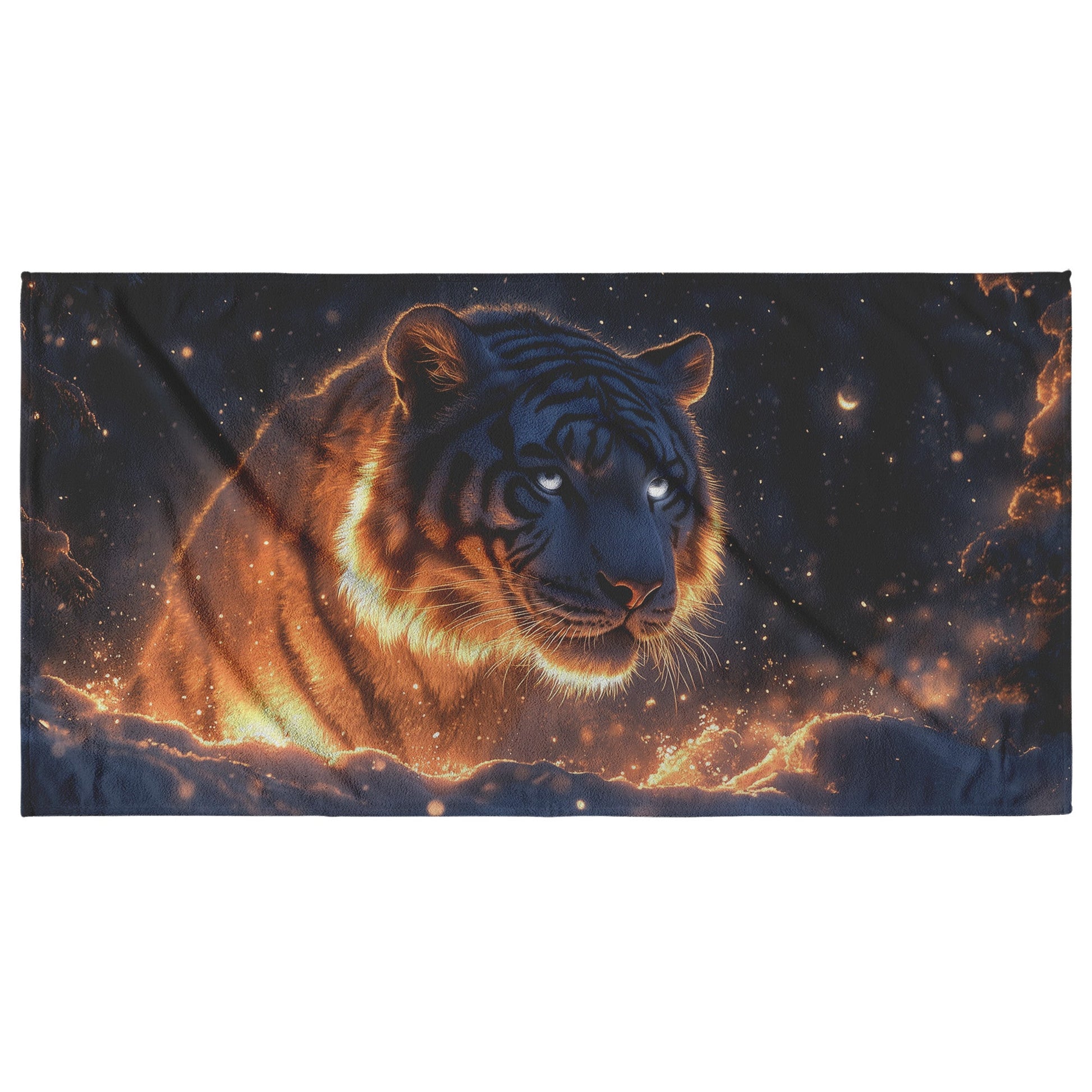 White Tiger Standing in Glowing Snowy Forest Under Moonlight Shimmering Fur with Silver Highlights Serene Beach Towel - Awakening Righteousness