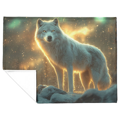 White Wolf Standing in Snowy Forest Under Faint Glowing Northern Lights Cozy Sherpa Blanket - Awakening Righteousness