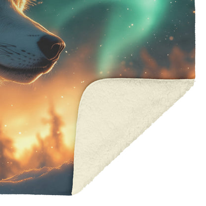 White Wolf Standing in Snowy Forest Under Faint Glowing Northern Lights Cozy Sherpa Blanket - Awakening Righteousness