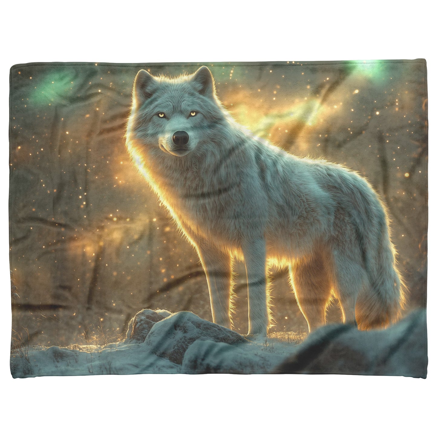 White Wolf Standing in Snowy Forest Under Faint Glowing Northern Lights Cozy Sherpa Blanket - Awakening Righteousness