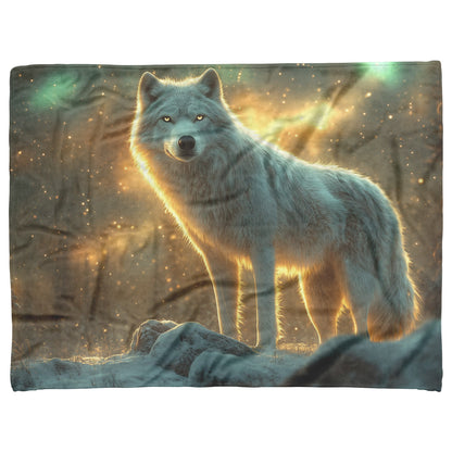 White Wolf Standing in Snowy Forest Under Faint Glowing Northern Lights Cozy Sherpa Blanket - Awakening Righteousness