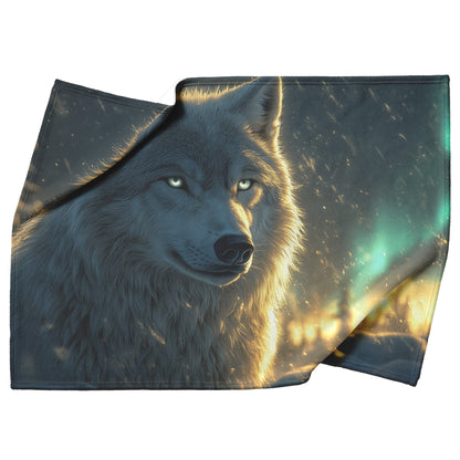 White Wolf Standing in Snowy Forest Under Faint Glowing Northern Lights Cozy Sherpa Blanket - Awakening Righteousness