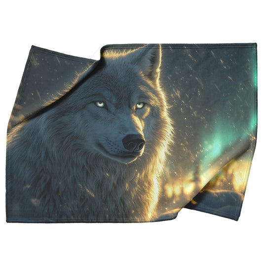 White Wolf Standing in Snowy Forest Under Faint Glowing Northern Lights Cozy Sherpa Blanket - Awakening Righteousness