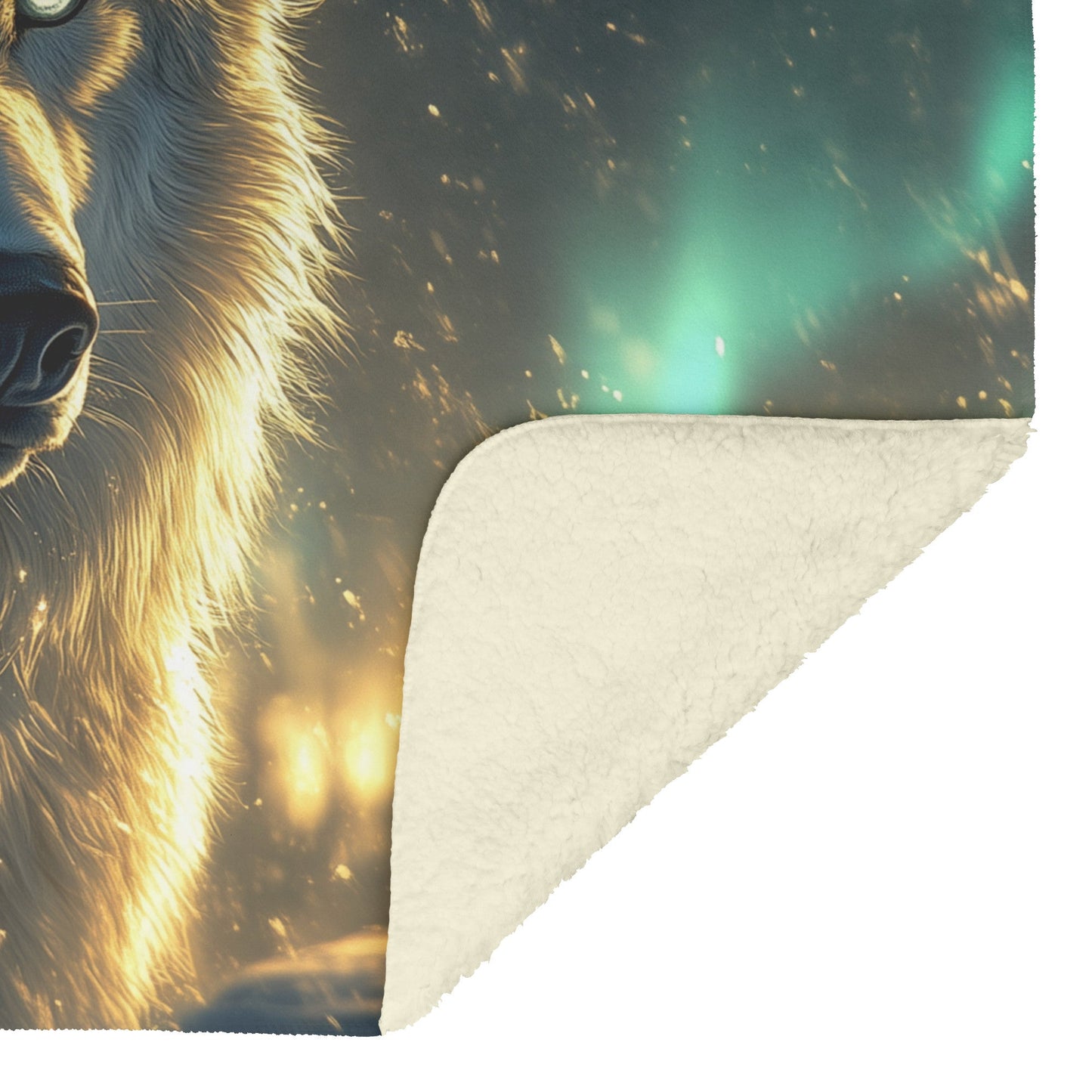 White Wolf Standing in Snowy Forest Under Faint Glowing Northern Lights Cozy Sherpa Blanket - Awakening Righteousness
