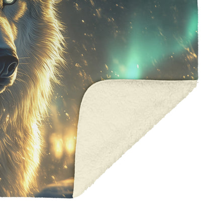 White Wolf Standing in Snowy Forest Under Faint Glowing Northern Lights Cozy Sherpa Blanket - Awakening Righteousness