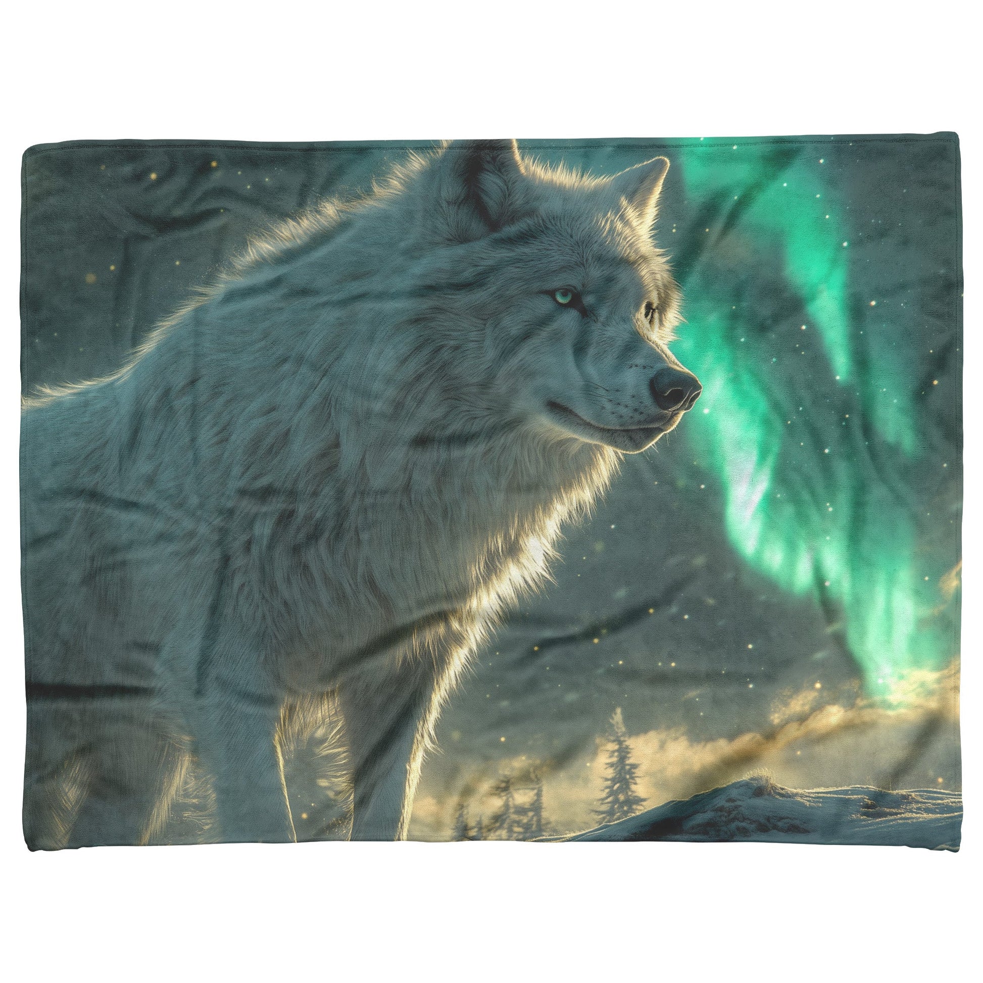 White Wolf Standing in Snowy Forest Under Faint Glowing Northern Lights Cozy Sherpa Blanket - Awakening Righteousness