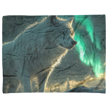 White Wolf Standing in Snowy Forest Under Faint Glowing Northern Lights Cozy Sherpa Blanket - Awakening Righteousness