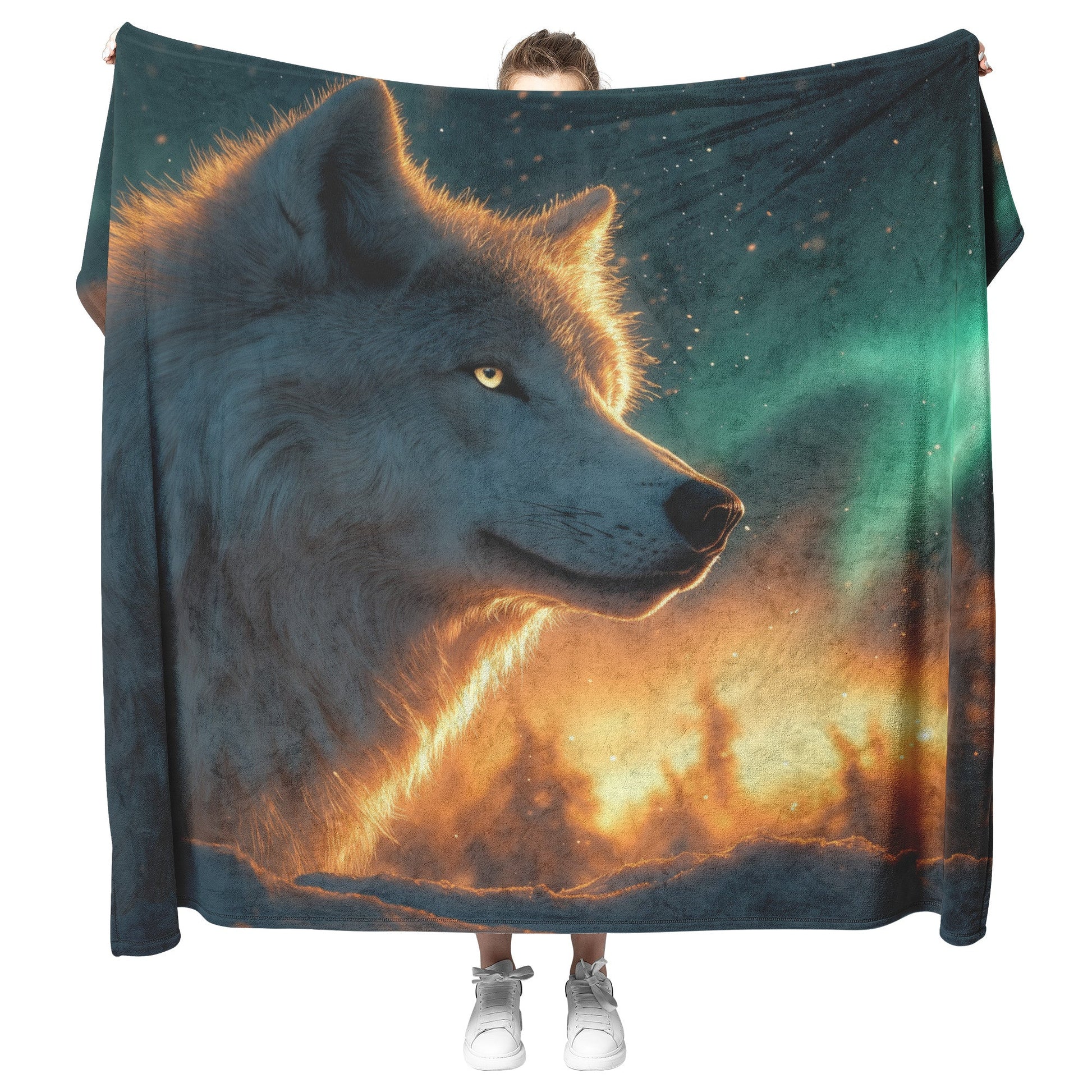 White Wolf Standing in Snowy Forest Under Faint Glowing Northern Lights Cozy Sherpa Blanket - Awakening Righteousness