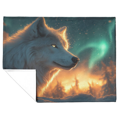 White Wolf Standing in Snowy Forest Under Faint Glowing Northern Lights Cozy Sherpa Blanket - Awakening Righteousness