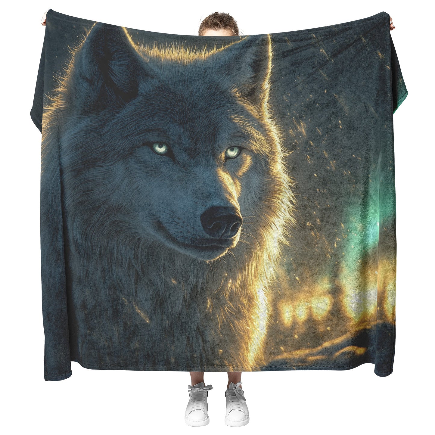 White Wolf Standing in Snowy Forest Under Faint Glowing Northern Lights Cozy Sherpa Blanket - Awakening Righteousness