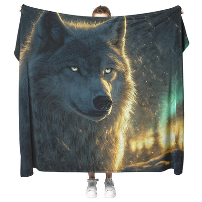 White Wolf Standing in Snowy Forest Under Faint Glowing Northern Lights Cozy Sherpa Blanket - Awakening Righteousness