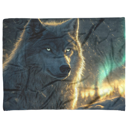 White Wolf Standing in Snowy Forest Under Faint Glowing Northern Lights Cozy Sherpa Blanket - Awakening Righteousness