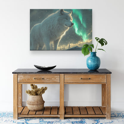 White Wolf Standing in Snowy Forest Under Glowing Northern Lights Intricate Fur Textures Wildlife Canvas Art - Awakening Righteousness