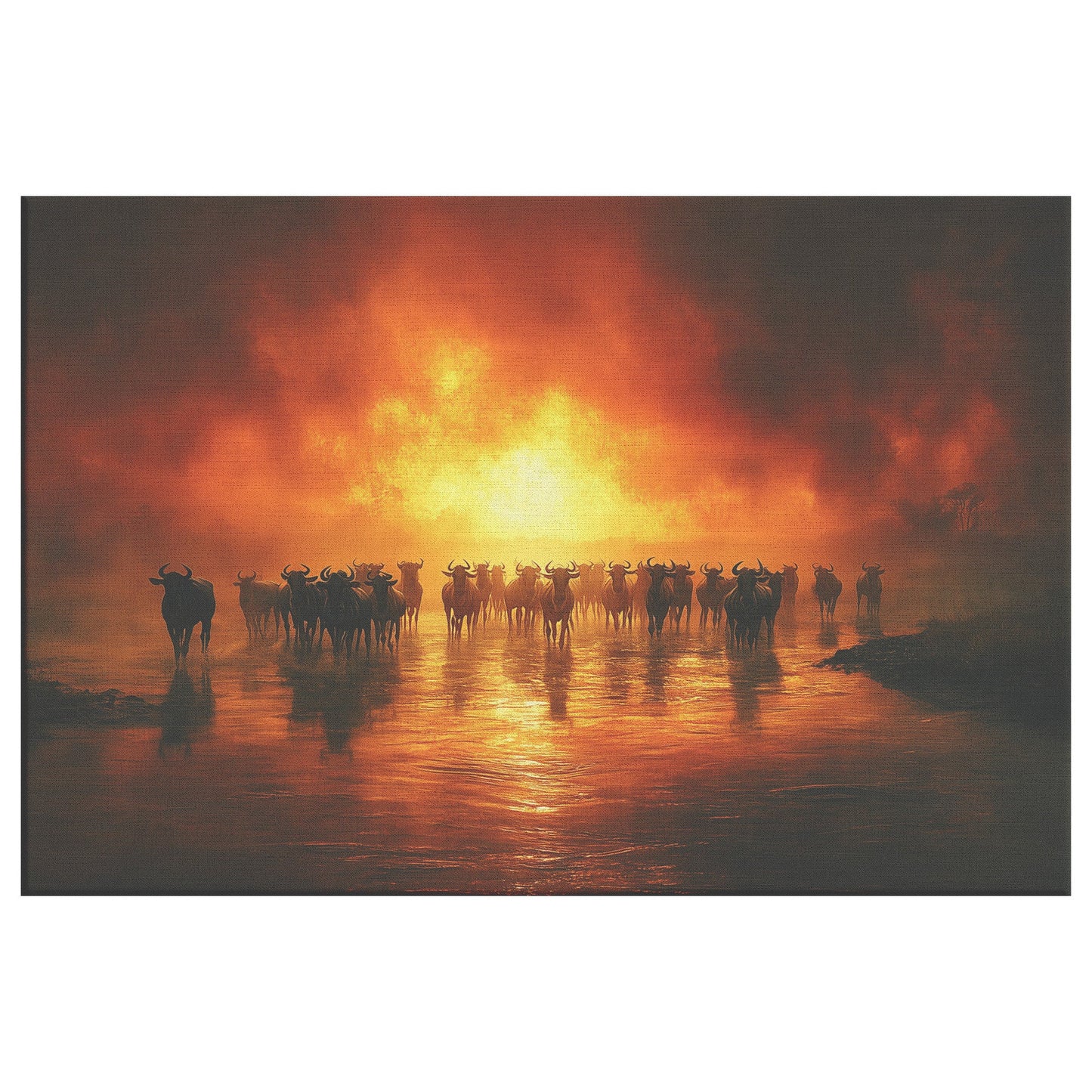Wildebeest Crossing River at Sunset With Fiery Orange Glow Canvas Wall Art for Rustic Wildlife Decor - Awakening Righteousness