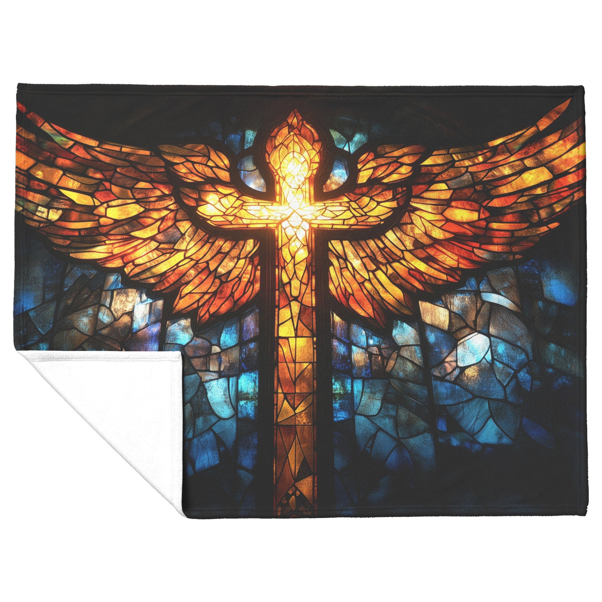 Winged Cross Stained Glass Fleece Sherpa Blanket Radiant Christian Art Cozy Inspirational Home Decor Gift - Awakening Righteousness