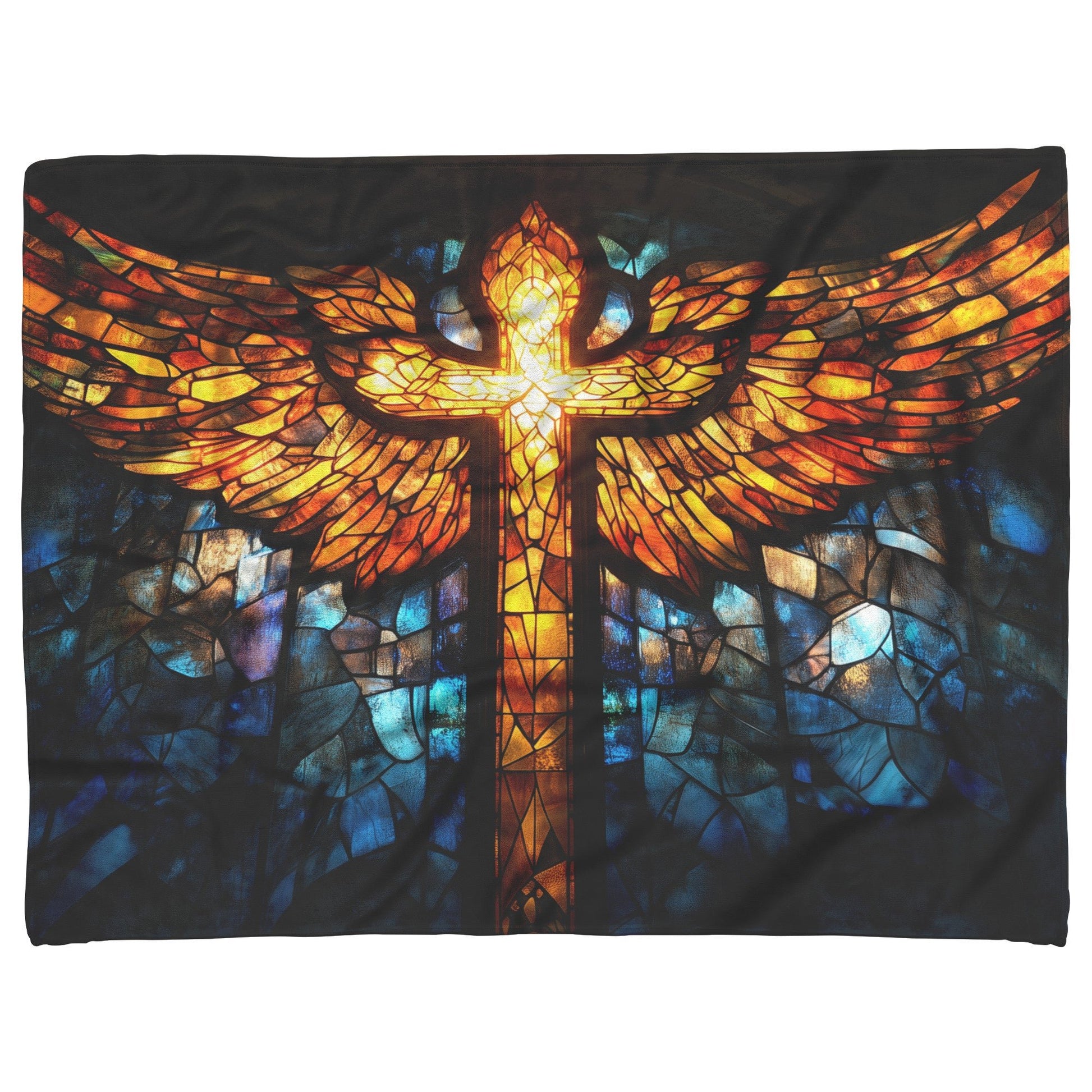 Winged Cross Stained Glass Fleece Sherpa Blanket Radiant Christian Art Cozy Inspirational Home Decor Gift - Awakening Righteousness