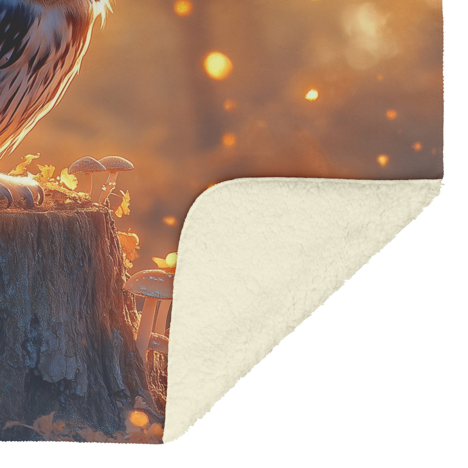 Wise Old Owl on Ancient Tree Stump Glowing Mushrooms Golden Mist Intricate Feather Details Fleece Sherpa Blanket - Awakening Righteousness