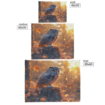 Wise Old Owl on Ancient Tree Stump Glowing Mushrooms Golden Mist Intricate Feather Details Fleece Sherpa Blanket - Awakening Righteousness