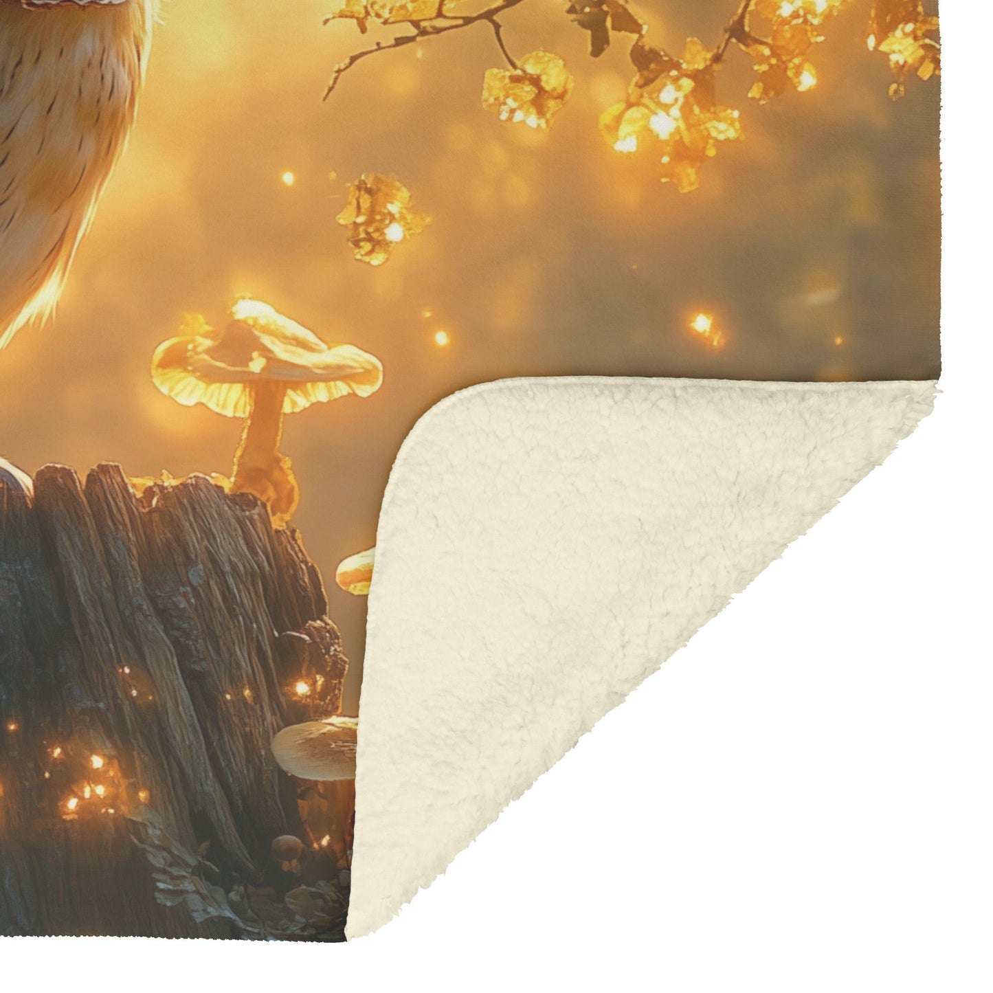 Wise Old Owl on Ancient Tree Stump Glowing Mushrooms Golden Mist Intricate Feathers Fleece Sherpa Blanket - Awakening Righteousness