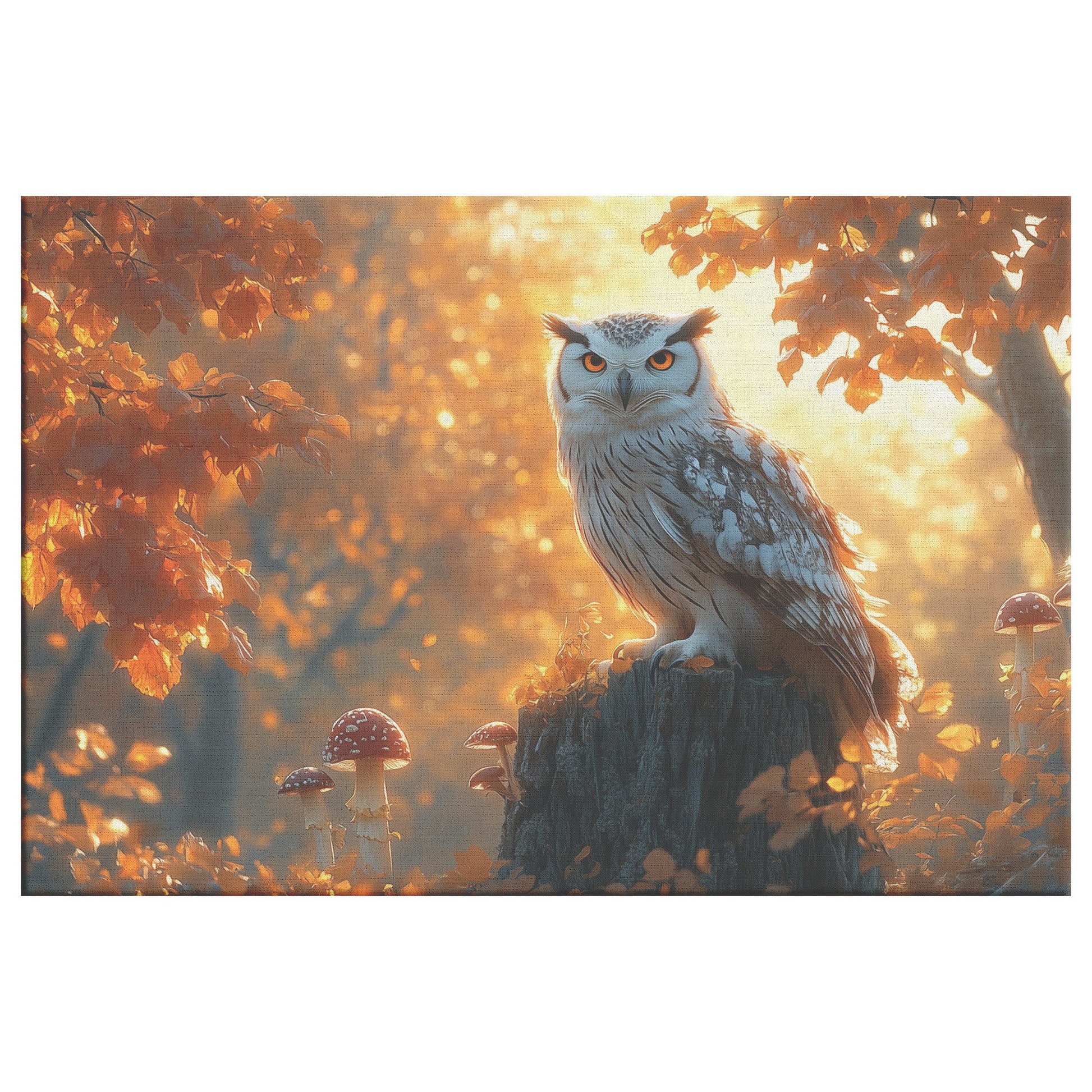 Wise Old Owl on Ancient Tree Stump Surrounded by Glowing Mushrooms and Golden Mist Canvas Wall Art Decor - Awakening Righteousness