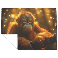 Wise Orangutan Sitting on Glowing Mossy Tree Branch with Golden Light Beams in Dense Rainforest Sherpa Fleece Blanket - Awakening Aesthetics