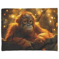 Wise Orangutan Sitting on Glowing Mossy Tree Branch with Golden Light Beams in Dense Rainforest Sherpa Fleece Blanket - Awakening Aesthetics