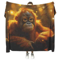 Wise Orangutan Sitting on Glowing Mossy Tree Branch with Golden Light Beams in Dense Rainforest Sherpa Fleece Blanket - Awakening Aesthetics