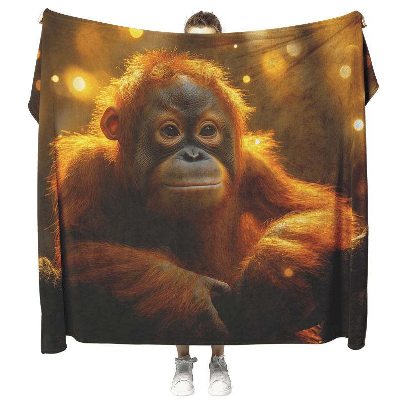 Wise Orangutan Sitting on Glowing Mossy Tree Branch with Golden Light Beams in Dense Rainforest Sherpa Fleece Blanket - Awakening Aesthetics