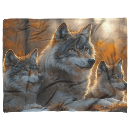 Wolf Family in Tranquil Golden Hour Forest Cozy Fleece Sherpa Blanket - Awakening Righteousness
