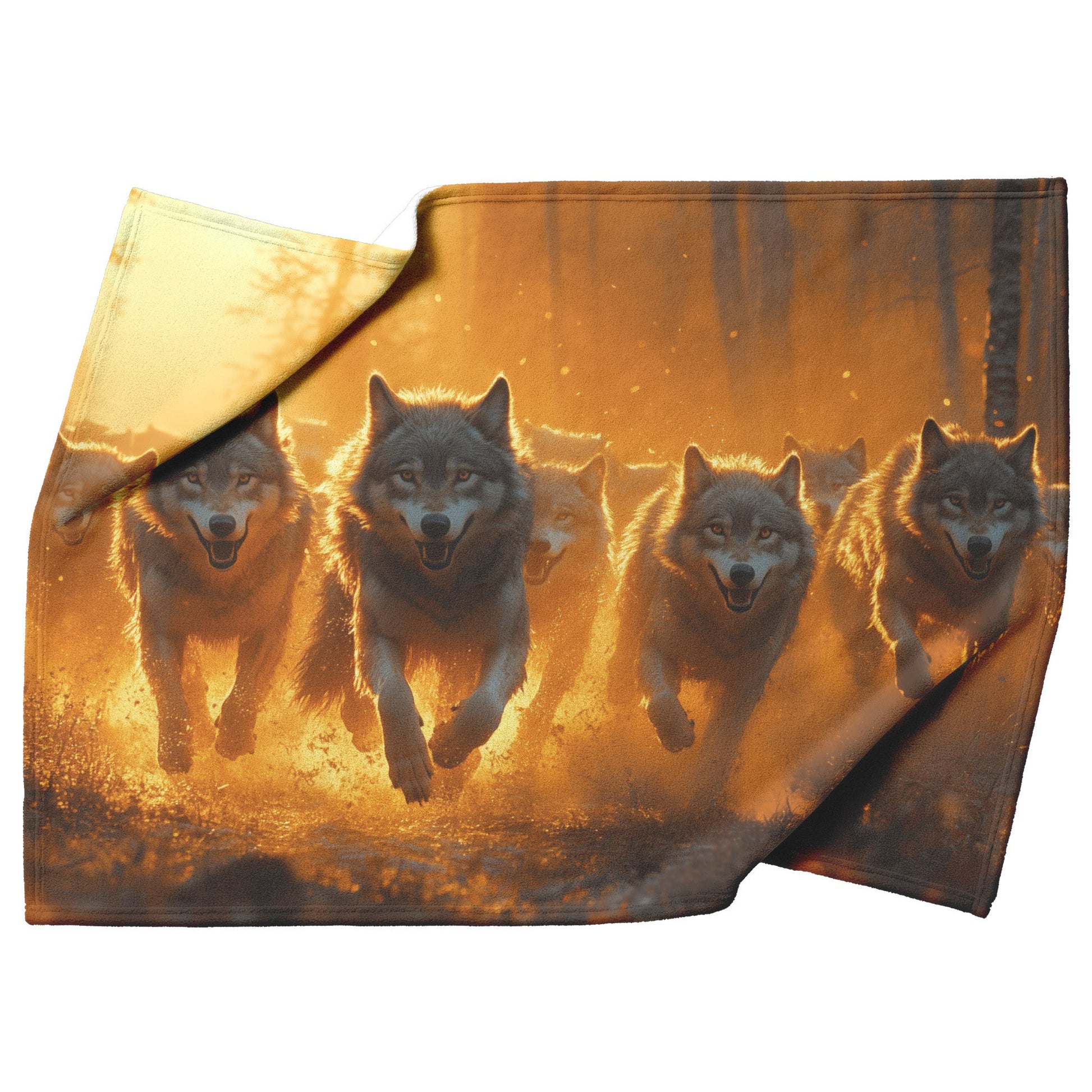 Wolf Pack Running Through Misty Forest with Golden Morning Light Streaming Through Trees Sherpa Blanket - Awakening Righteousness