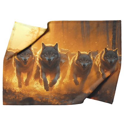 Wolf Pack Running Through Misty Forest with Golden Morning Light Streaming Through Trees Sherpa Blanket - Awakening Righteousness