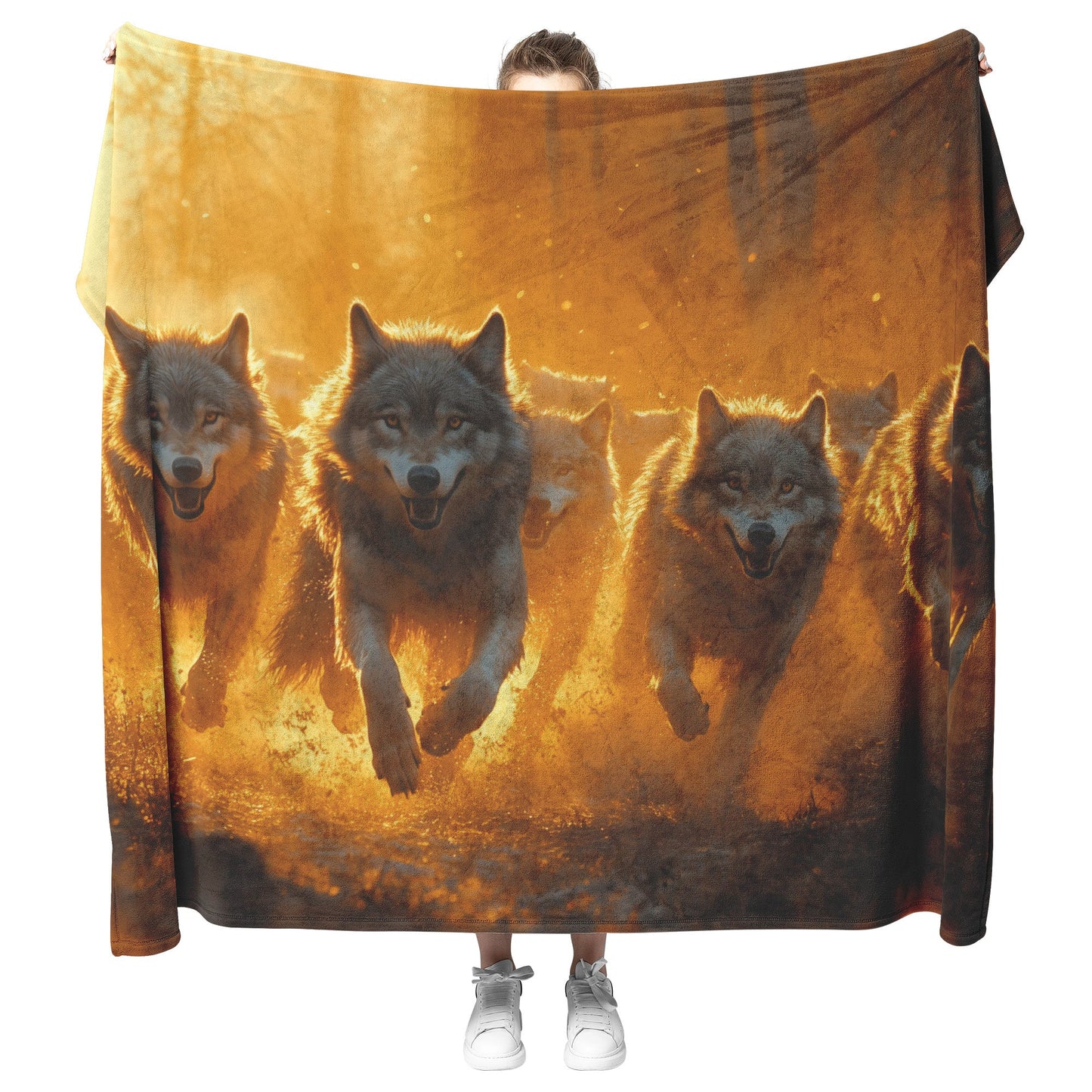 Wolf Pack Running Through Misty Forest with Golden Morning Light Streaming Through Trees Sherpa Blanket - Awakening Righteousness