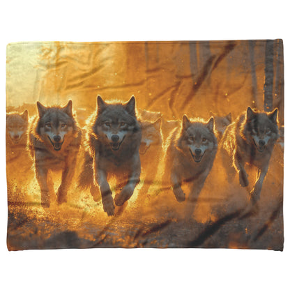 Wolf Pack Running Through Misty Forest with Golden Morning Light Streaming Through Trees Sherpa Blanket - Awakening Righteousness