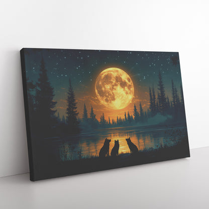 Wolves Silhouetted Against Glowing Full Moon Quiet Forest Majestic Wildlife Canvas Wall Art Decor - Awakening Righteousness