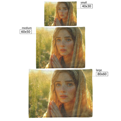 Woman Praying at Dawn in Wildflower Field with Golden Light Cozy Christian Fleece Sherpa Blanket - Awakening Righteousness