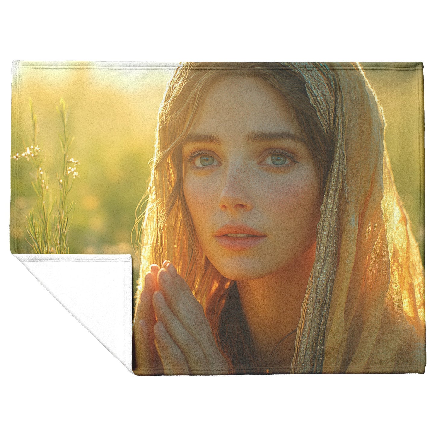 Woman Praying at Dawn in Wildflower Field with Golden Light Cozy Christian Fleece Sherpa Blanket - Awakening Righteousness