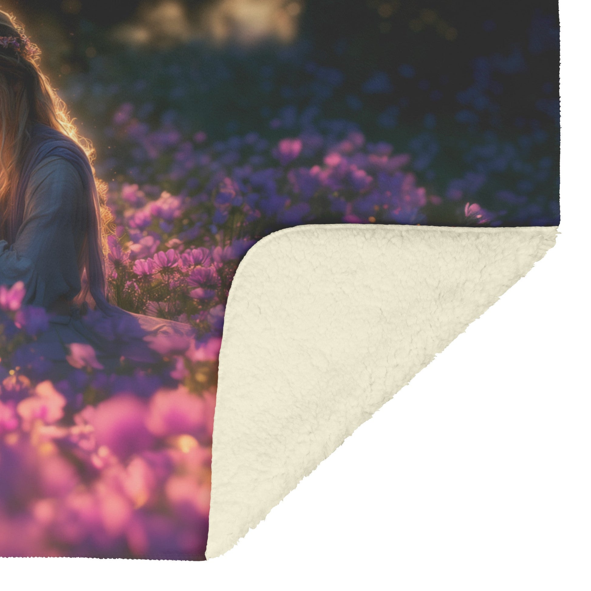 Woman Praying in Purple Flower Field Under Golden Light Cozy Christian Fleece Sherpa Blanket - Awakening Righteousness