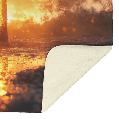 Wooden Cross in Radiant Sunset Fleece Sherpa Blanket Glowing Christian Art Cozy Inspirational Home Gift - Awakening Righteousness