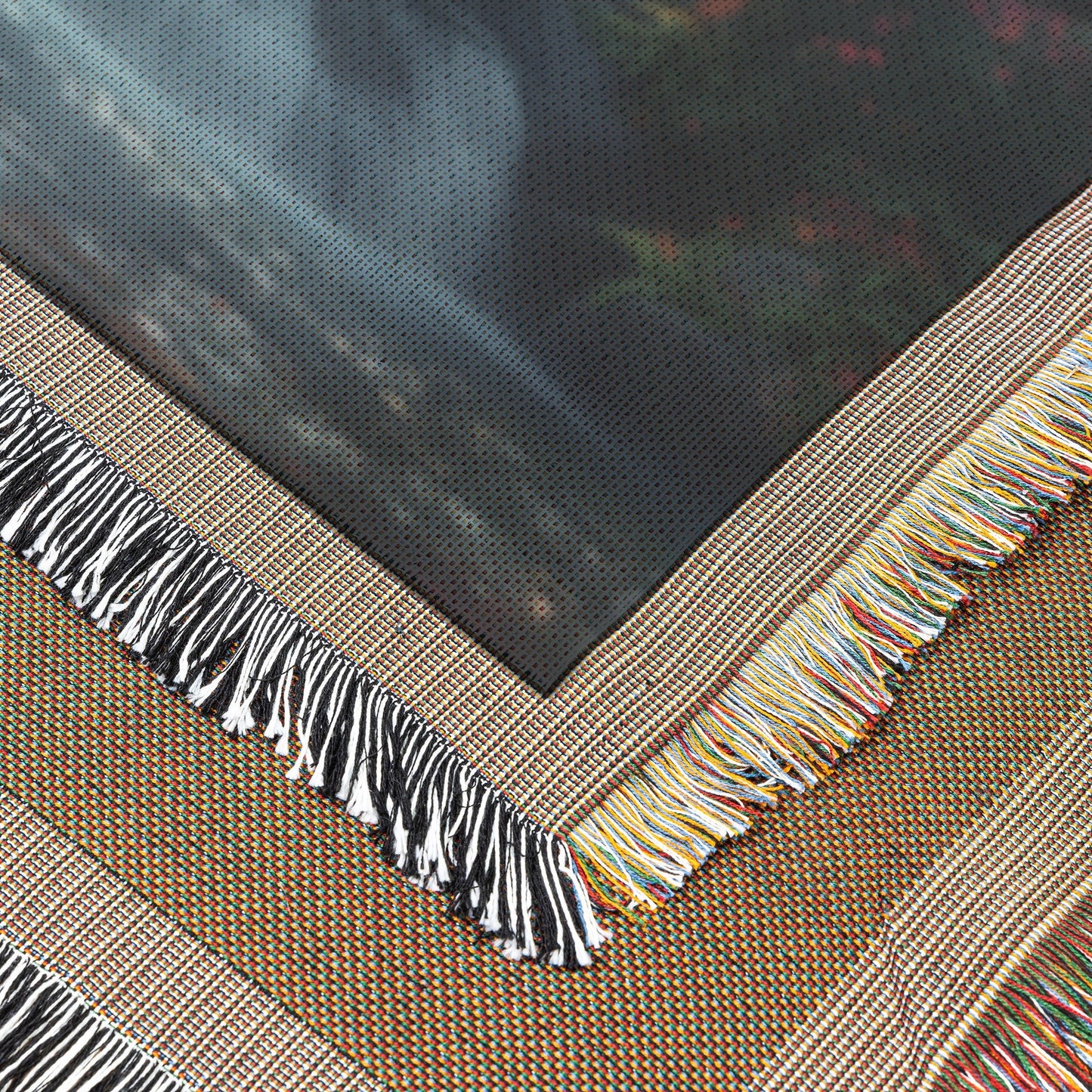 Woven Throw Blanket Depicting a Serene Waterfall with Autumn Trees in a Peaceful Garden - Awakening Righteousness