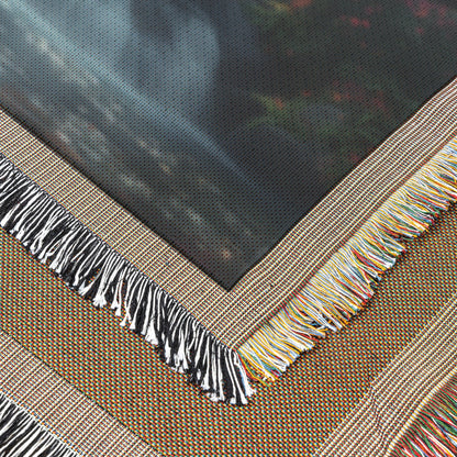 Woven Throw Blanket Depicting a Serene Waterfall with Autumn Trees in a Peaceful Garden - Awakening Righteousness