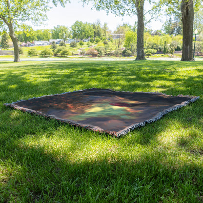 Woven Throw Blanket Depicting Eve Holding the Forbidden Fruit Beneath the Tree of Knowledge at Sunset - Awakening Righteousness