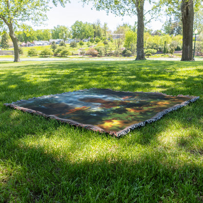 Woven Throw Blanket Featuring a Child Surrounded by Bright Sunflowers in a Garden Setting - Awakening Righteousness