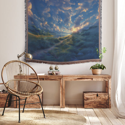 Woven Throw Blanket Featuring a Peaceful Pathway Beside a River with Majestic Clouds and Sunsets - Awakening Righteousness