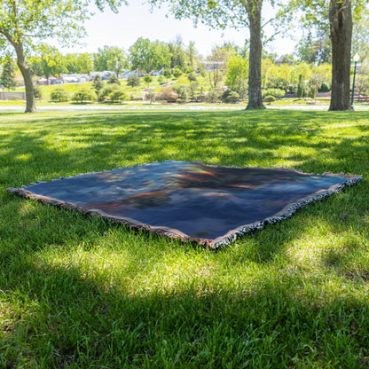 Woven Throw Blanket Featuring a Serene Autumn Landscape with Sunlit River and Majestic Mountains - Awakening Righteousness
