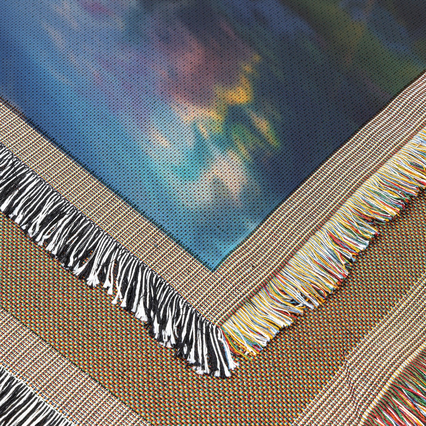 Woven Throw Blanket Featuring a Serene Autumn Landscape with Sunlit River and Majestic Mountains - Awakening Righteousness