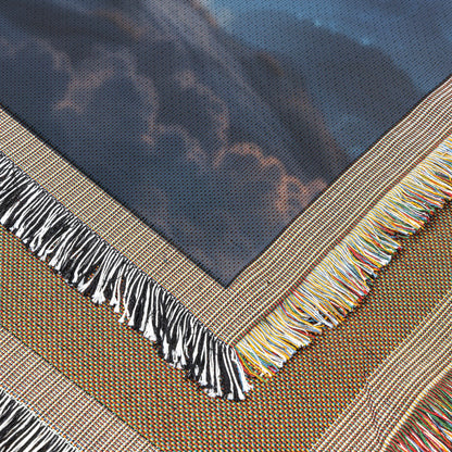 Woven Throw Blanket Featuring a Starry Sky and Serene Mountain Landscape with a Child Gazing at the Cosmos - Awakening Righteousness
