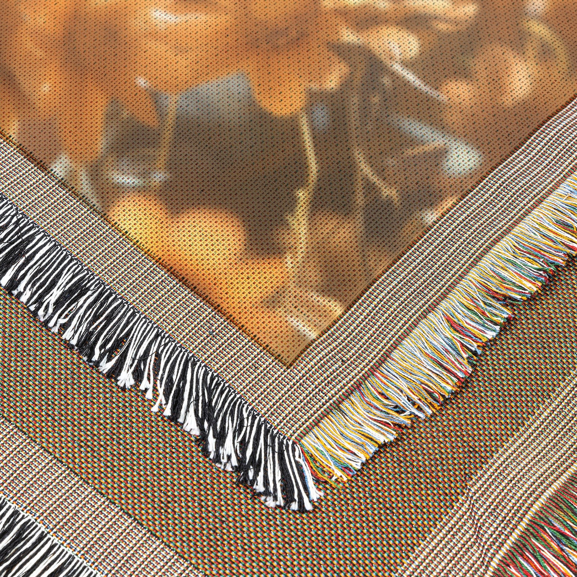 Woven Throw Blanket Featuring a Young Girl Surrounded by Golden Sunflowers in a Radiant Garden - Awakening Righteousness